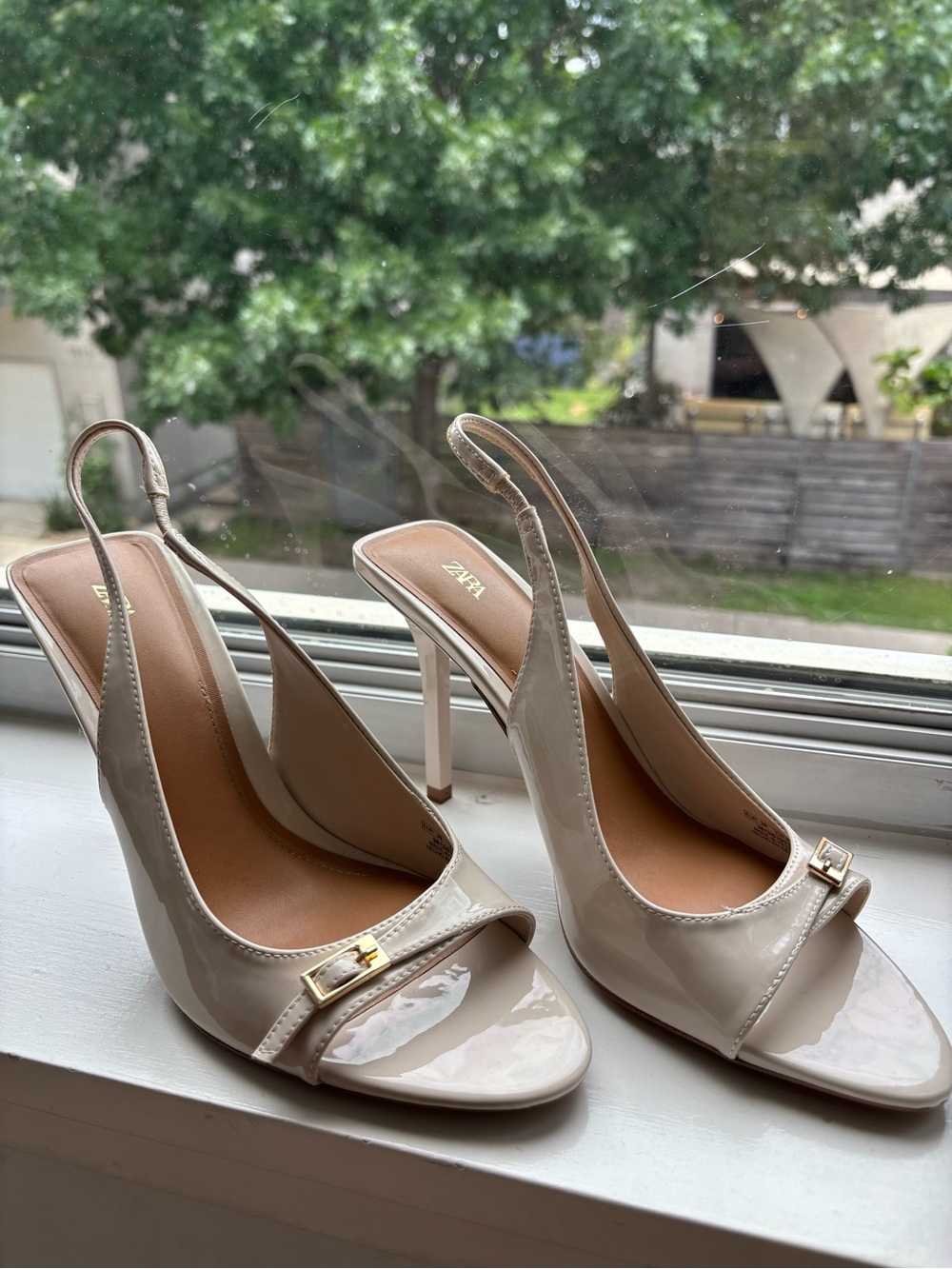 Zara Cream Patent Slingback Heels with Gold Buckle